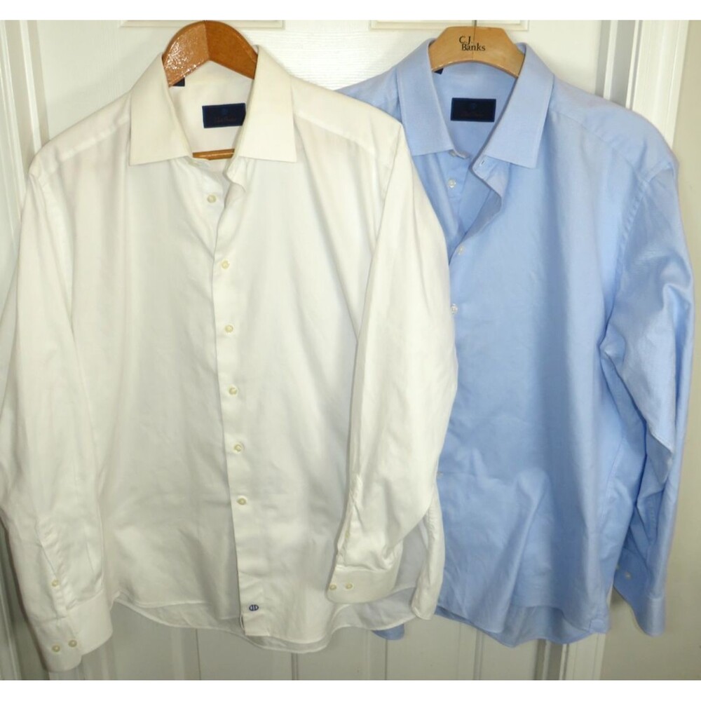 David Donahue Shirts Mens 18.5 34/35 Blue & White Classic Fit Dress Lot of 2